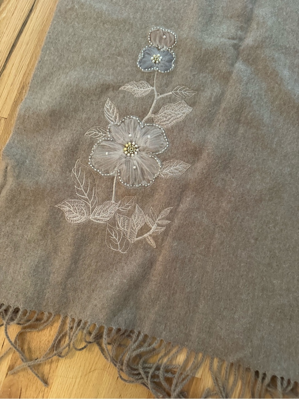 Joie Gray Floral Beaded Fringe Scarf